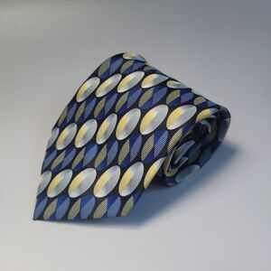 Renzo Hand made Mens tie X-Long 65in blue grey beige geometric